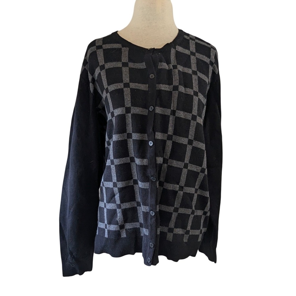 Croft & Barrow Cardigan Womens XXL Black Grey Checkered Button Up‎ Knit Sweater